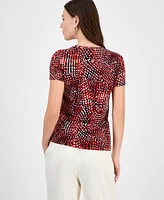 Bar Iii Women's Printed Mesh Crewneck Short-Sleeve Top, Exclusively at Macy's