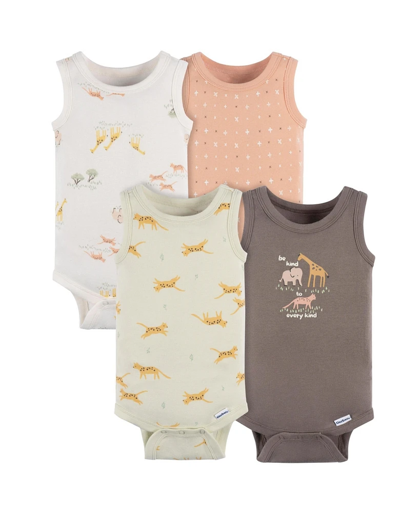 Gerber Baby Neutral Ivory Safari Sleeveless 4-Pack Onesies Bodysuits