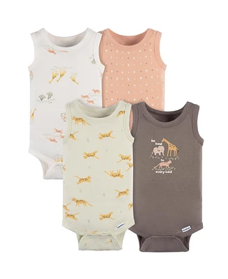 Gerber Baby Neutral Ivory Safari Sleeveless 4-Pack Onesies Bodysuits