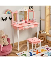 Kids Princess Vanity Table and Stool Set with Tri-folding Mirror and Drawer