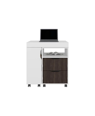 Odessa Extendable Desk, 2 Drawers, 4 Shelves, 4 Wheels, White/Walnut