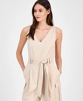 Tahari Asl Women's Cropped Tie-Waist Cargo Jumpsuit