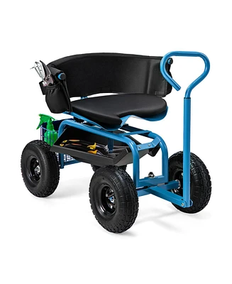 Cushioned Rolling Garden Cart Scooter with Storage Basket and Tool Pouch