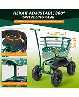 Rolling Garden Cart with Height Adjustable Swivel Seat and Storage Basket