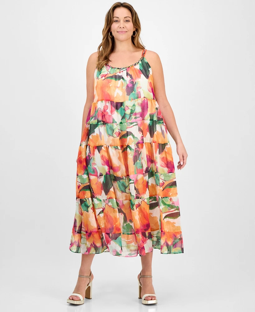 Robbie Bee Plus Printed Sleeveless Tiered Midi Dress