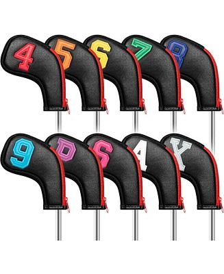 Wosofe Golf Head Covers for Iron Headcover with Zipper Black Leather 10pcs Set Colorful Number Embroideried Pu Leather Waterproof Fit All Brands