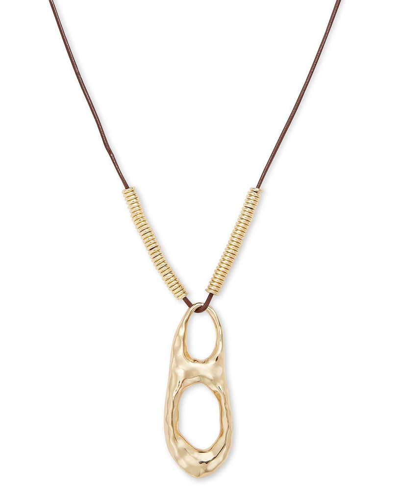 Style & Co Gold-Tone Hammered Sculptural Leather Pendant Necklace, 32" + 3" extender, Exclusively at Macy's