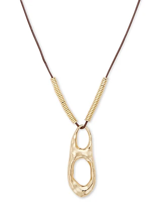 Style & Co Gold-Tone Hammered Sculptural Leather Pendant Necklace, 32" + 3" extender, Exclusively at Macy's