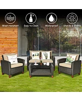 8PCS Patio Rattan Furniture Set Solid Wood Leg Cushioned Sofa Garden Lawn