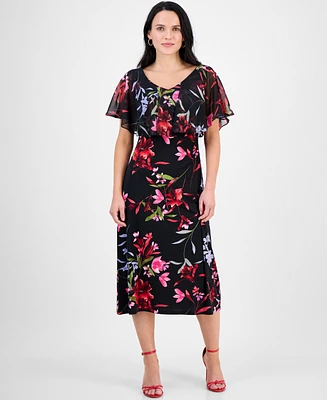 Connected Petite Printed Cape-Overlay Midi Dress