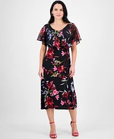 Connected Petite Printed Cape-Overlay Midi Dress