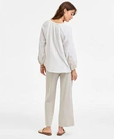 Liverpool Los Angeles Womens Embroidered Cotton Top Pull On Wide Leg Cropped Pants