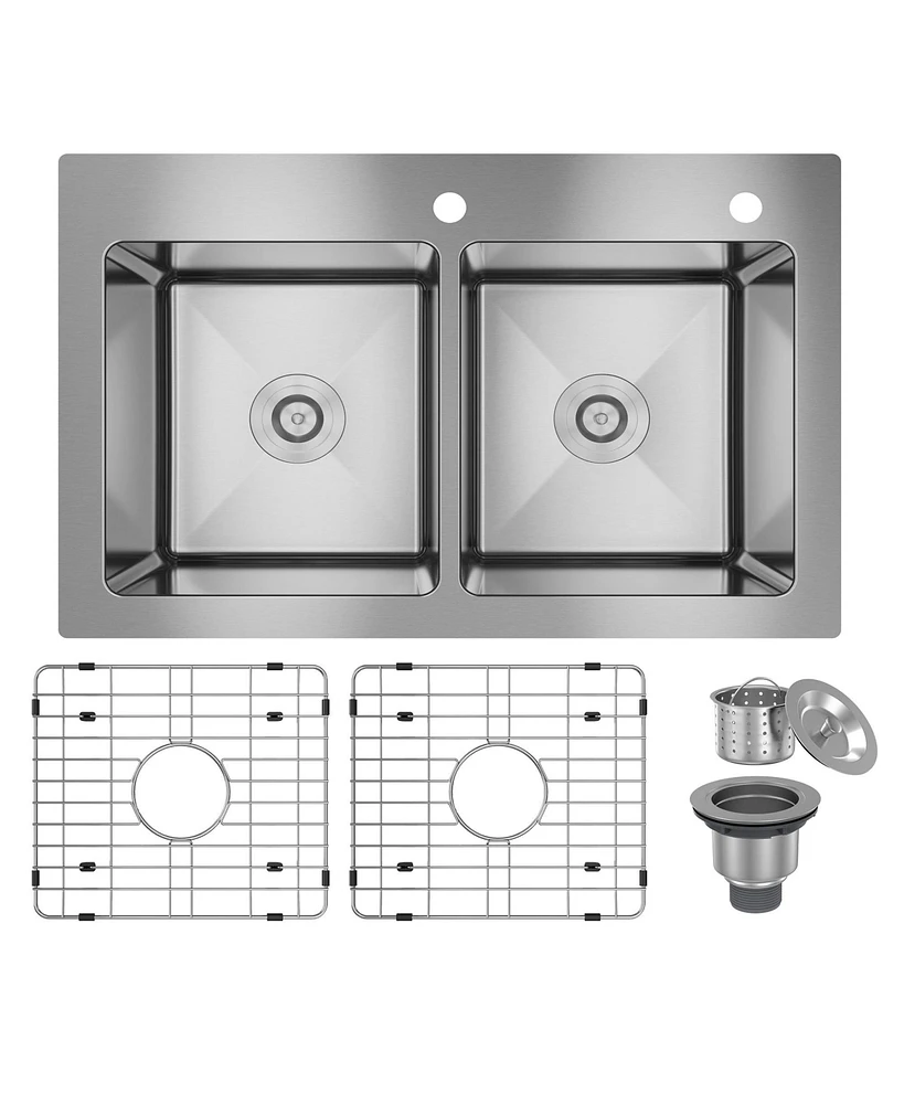 33-Inch R20 Brushed Stainless Steel Sink On The Counter Or Embedded Installation Double Grooves 50/50 With Drain Grid And Drainer