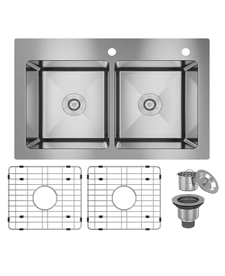 33-Inch R20 Brushed Stainless Steel Sink On The Counter Or Embedded Installation Double Grooves 50/50 With Drain Grid And Drainer