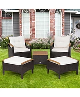 Gymax 5 Piece Pe Wicker Lounge Chair Outdoor Patio Rattan Furniture Set w/ Wood Tabletop Cushions