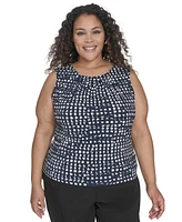 Calvin Klein Plus Printed Pleat Neck Sleeveless Top