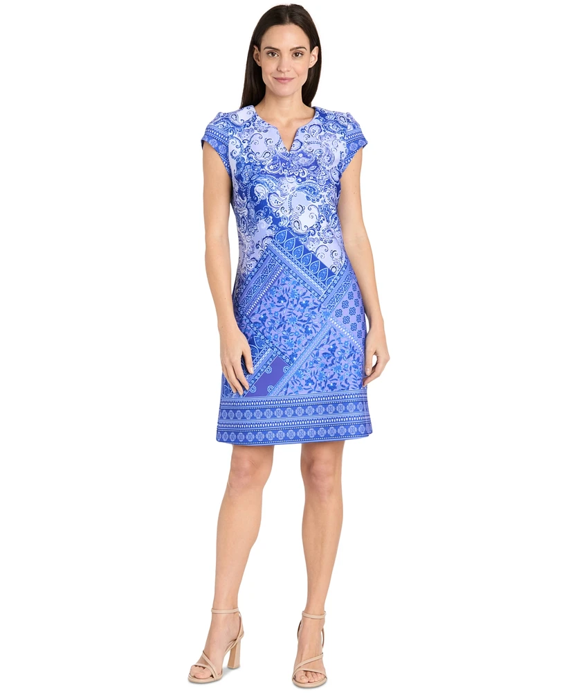 R & M Richards Petite Printed Split-Neck Cap-Sleeve Dress