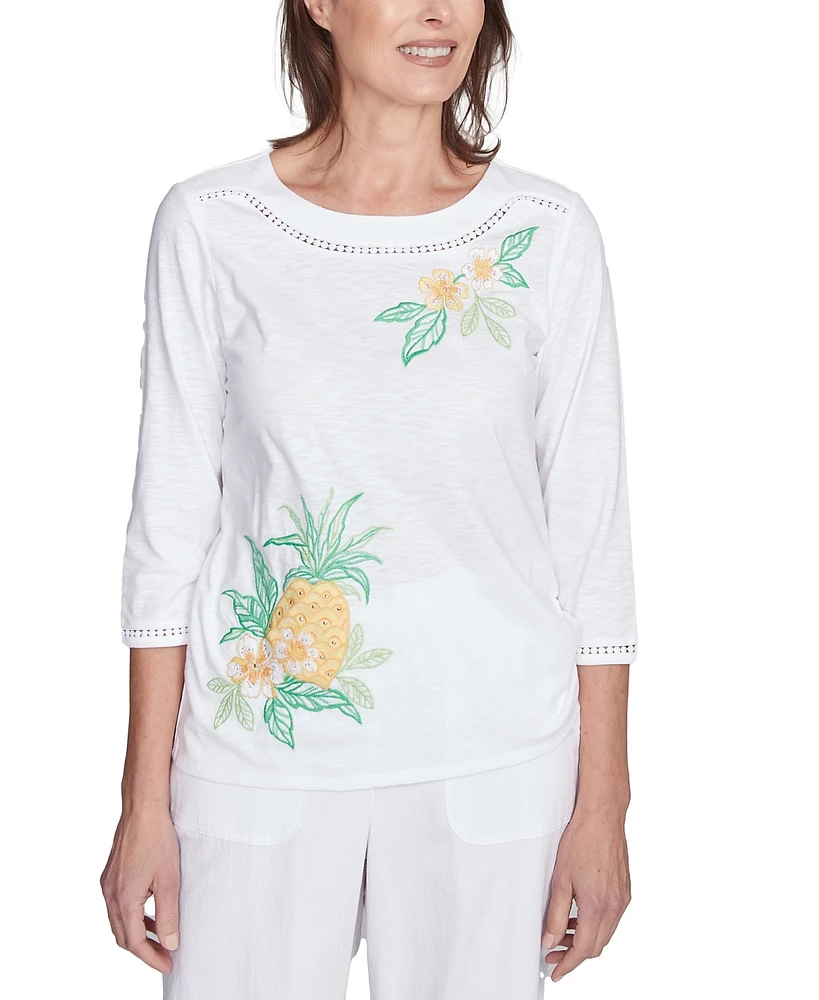 Alfred Dunner Petite Rise & Shine Embroidered Pineapple Top