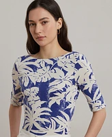 Lauren Ralph Petite Palm-Frond-Print Cotton Boatneck Tee