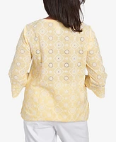 Alfred Dunner Petite Rise & Shine Embroidered Floral Eyelet Bell Sleeve Top