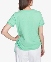 Alfred Dunner Petite Rise & Shine Dot Lace Trimmed Short Sleeve Top