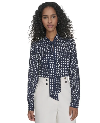 Calvin Klein Petite Printed Long Sleeve Tie-Neck Blouse