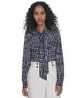Calvin Klein Petite Printed Long Sleeve Tie-Neck Blouse