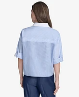 Halston Women's Striped Cotton Roll-Tab-Sleeve Button-Front Shirt