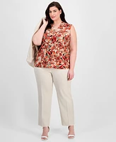 Kasper Plus Printed Pleat-Neck Top