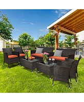 Gymax Set of 8 Outdoor Patio Rattan Conversation Furniture Set w/ Cushion Table