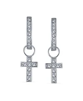 Bling Jewelry Tiny Cross Communion Kpop Huggie Dangle Chandelier Earrings Cz Hoop Set Gold Plated