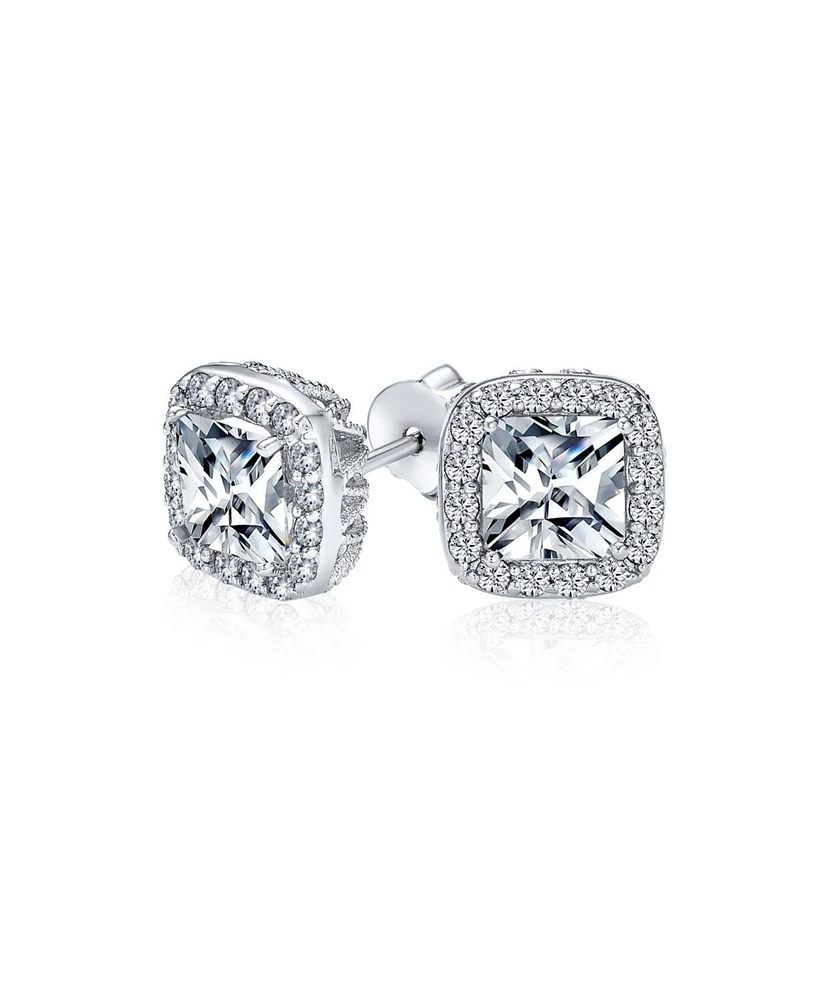 Bling Jewelry Asscher Cut Cz Stud Earrings with Halo Pave in Silver Brass