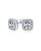Bling Jewelry Asscher Cut Cz Stud Earrings with Halo Pave in Silver Brass