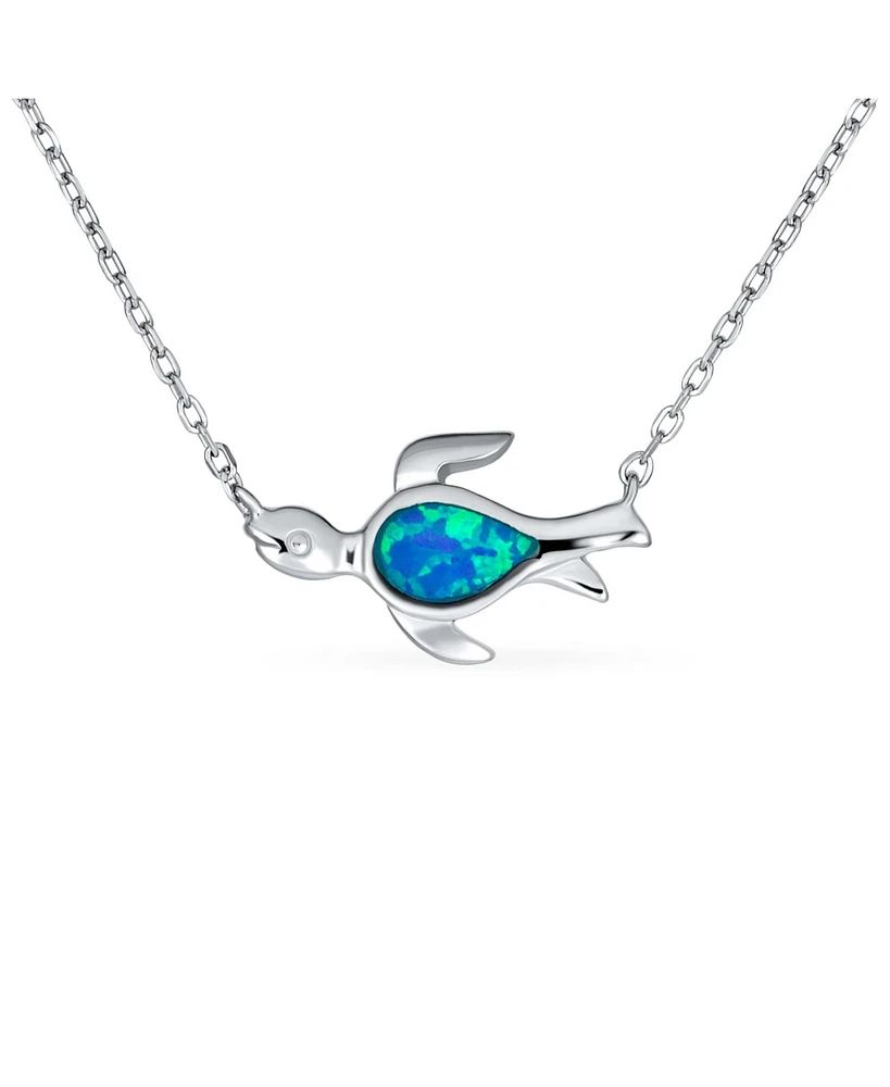 Bling Jewelry Delicate Nautical Blue Opal Sea Turtle Pendant Necklace in Sterling Silver
