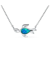 Bling Jewelry Delicate Nautical Blue Opal Sea Turtle Pendant Necklace in Sterling Silver