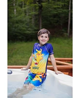 Pokemon Boys Pikachu Upf 50+ Rash Guard Swim Trunks Outfit Set to