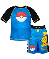 Pokemon Boys Pikachu Upf 50+ Rash Guard Swim Trunks Outfit Set to