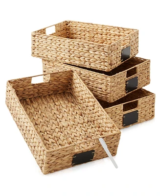 Casafield (Set of 4) Water Hyacinth 12-1/2"x17"x5" Pantry Baskets w/ Chalkboard Labels and Marker -Natural, Woven Storage Bins for Kitchen Shelves