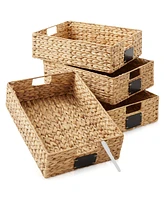 Casafield (Set of 4) Water Hyacinth 12-1/2"x17"x5" Pantry Baskets w/ Chalkboard Labels and Marker -Natural, Woven Storage Bins for Kitchen Shelves