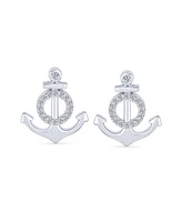 Bling Jewelry Whimsical Nautical Cz Stud Earrings, Boat Anchor Design, Sterling Silver