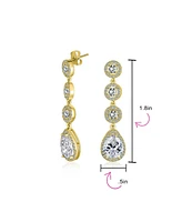 Bling Jewelry Classic Jewelry Fashion Statement Triple Round Pave Cz Halo Long Linear Pear Shape Dangle Teardrop Chandelier Earrings Yellow Gold Silve