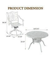 5-Piece Cast Aluminum Outdoor Conversation Set Outdoor Dining Table with Umbrella Hole Outdoor Swivel Rockers Patio Dining Chairs in White