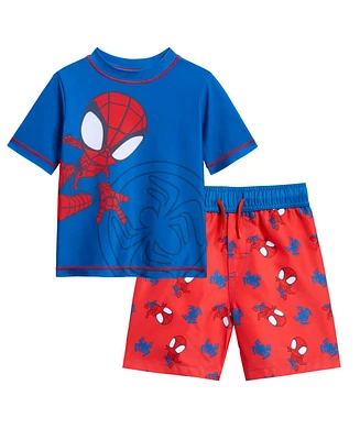 Spidey and His Amazing Friends Toddler Boys Marvel Spider-Man Upf 50+ Rash Guard Swim Trunks Outfit Set