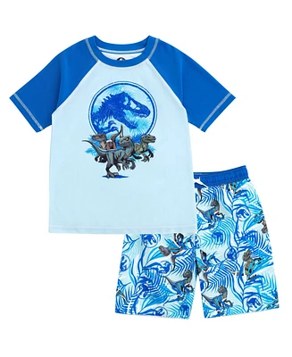 Jurassic Park Boys World Dinosaur Rash Guard and Swim Trunks Outfit Set to