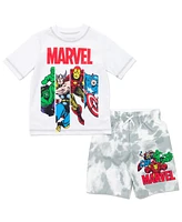 Avengers Boys Marvel Spider-Man Captain America Hulk Iron Man Pullover Rash Guard & Swim Trunks Outfit Set to