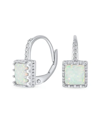 Bling Jewelry Art Deco Style Antique Filigree Royal Crown Setting Square Solitaire Fire Orange Created Opal Drop Earrings Gold Plated .925 Sterling Si