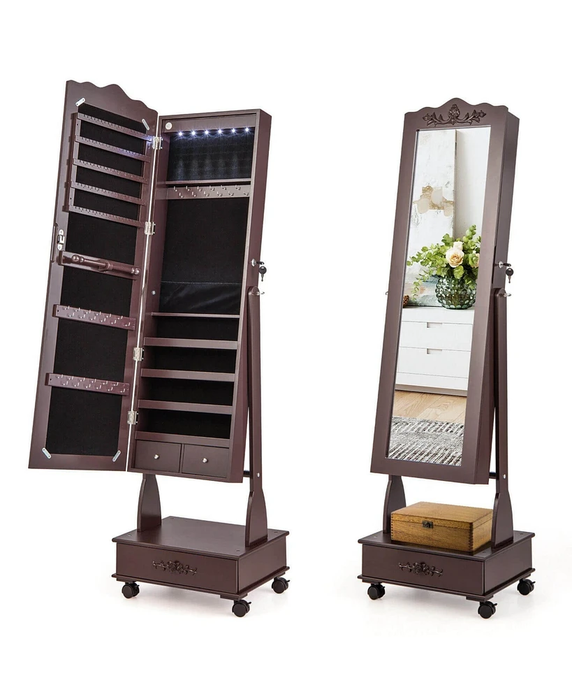 Rolling Floor Standing Mirrored Jewelry Armoire with Lock and Drawers