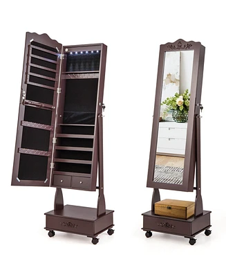 Rolling Floor Standing Mirrored Jewelry Armoire with Lock and Drawers