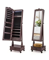 Rolling Floor Standing Mirrored Jewelry Armoire with Lock and Drawers