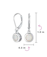 Bling Jewelry Bezel Round Circle Solitaire White Created Opal Dangle Lever Back Earrings .925 Sterling Silver